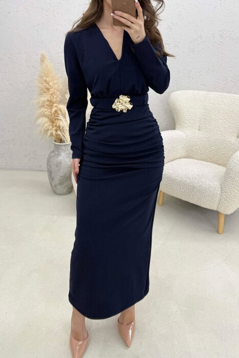 ONE COLOR V NECK GOLD DETAIL BELT LONG WOMEN DRESS BLUE/BLU - 4