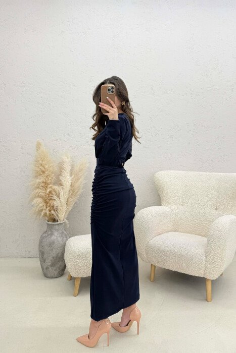 ONE COLOR V NECK GOLD DETAIL BELT LONG WOMEN DRESS BLUE/BLU - 5