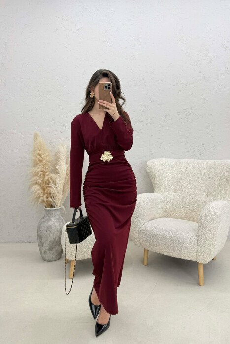ONE COLOR V NECK GOLD DETAIL BELT LONG WOMEN DRESS BURGUNDY/VISHNJE - 1