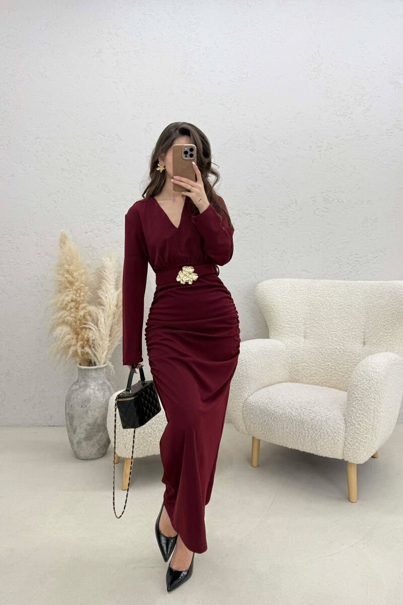 ONE COLOR V NECK GOLD DETAIL BELT LONG WOMEN DRESS BURGUNDY/VISHNJE - 1