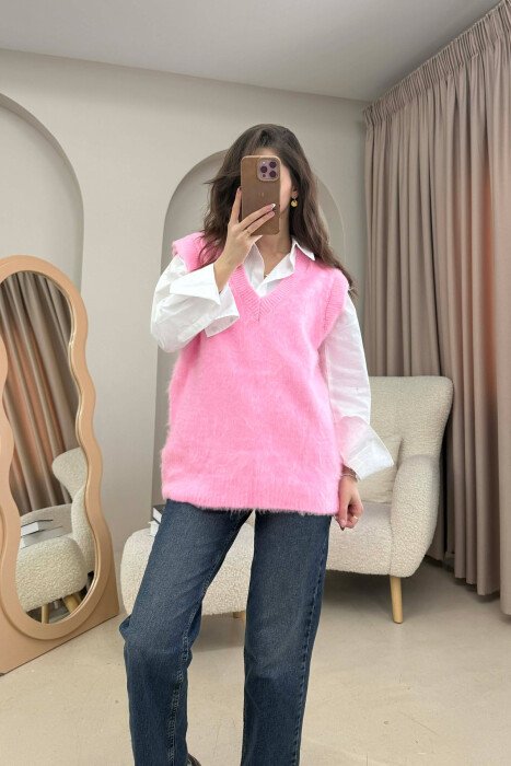 ONE COLOR V NECK KNITTED WOMEN VEST PINK/ROZE - KLAUDIO FASHION