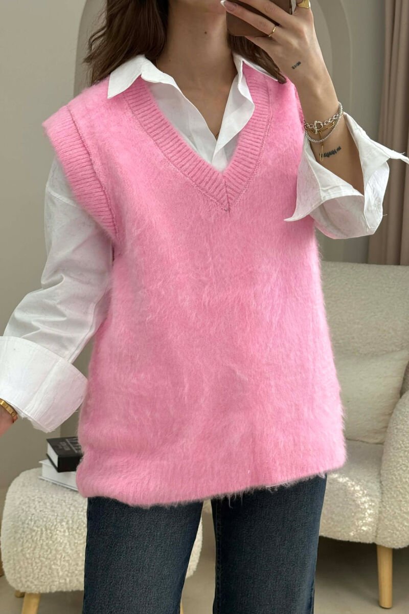ONE COLOR V NECK KNITTED WOMEN VEST PINK/ROZE - 2