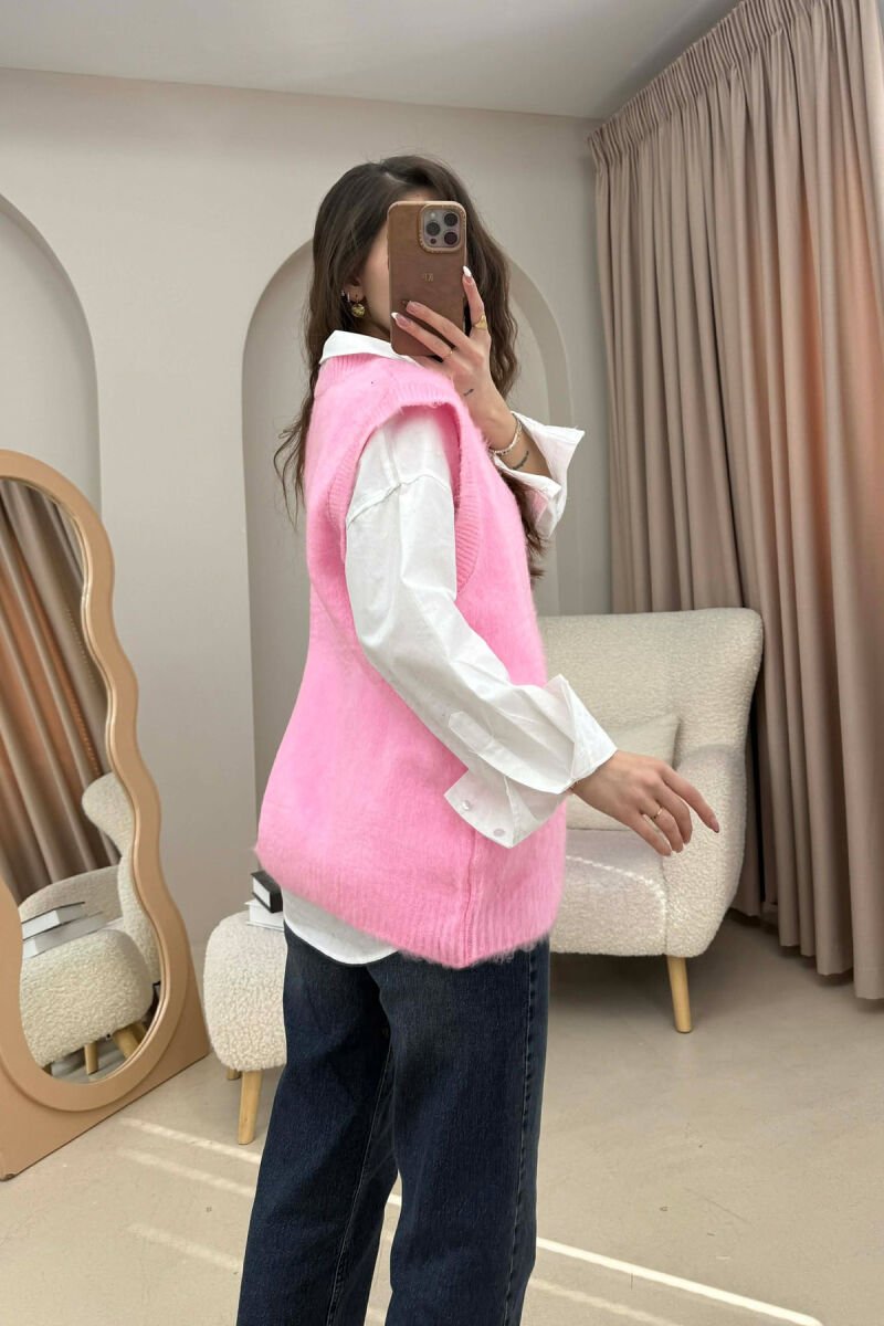 ONE COLOR V NECK KNITTED WOMEN VEST PINK/ROZE - 3