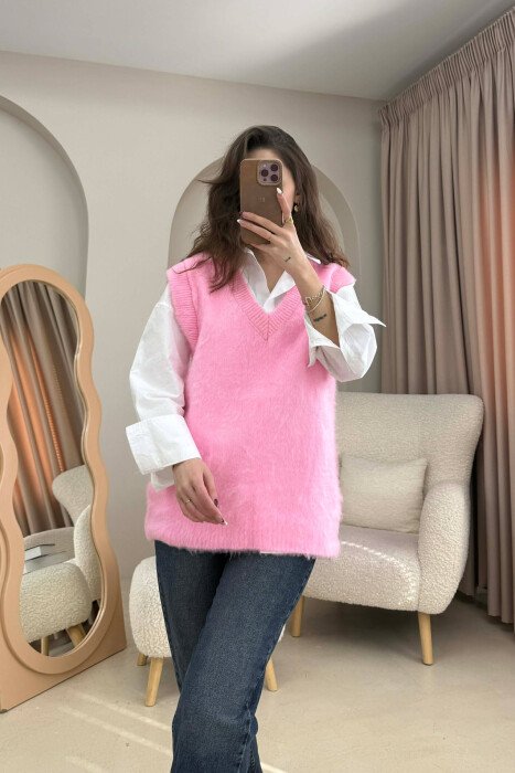 ONE COLOR V NECK KNITTED WOMEN VEST PINK/ROZE - 4