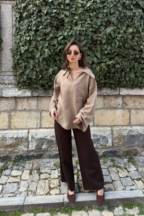 ONE COLOR V-NECK LINES DESIGNS FRONT POCKET WOMAN SHIRT BROWN/KAFE - 2