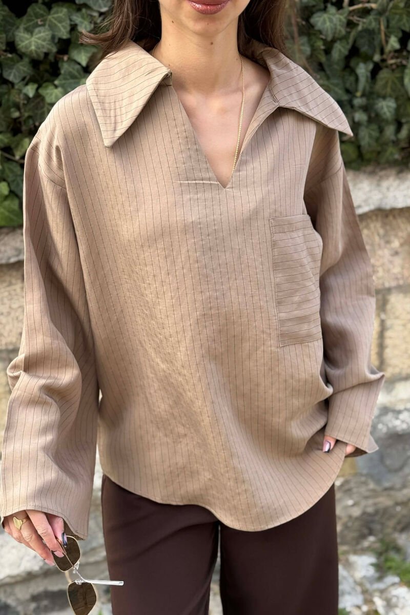 ONE COLOR V-NECK LINES DESIGNS FRONT POCKET WOMAN SHIRT BROWN/KAFE - 5