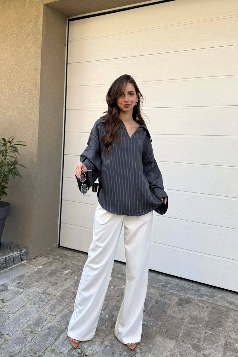 ONE COLOR V-NECK LINES DESIGNS FRONT POCKET WOMAN SHIRT DARK GREY/GEE - 4