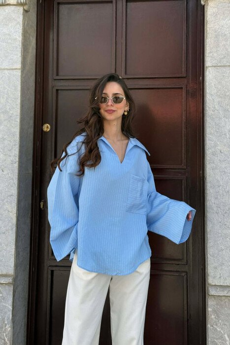 ONE COLOR V-NECK LINES DESIGNS FRONT POCKET WOMAN SHIRT LIGHT BLUE-LIGHT BLUE/BZ-BZ - 1