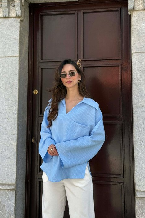 ONE COLOR V-NECK LINES DESIGNS FRONT POCKET WOMAN SHIRT LIGHT BLUE-LIGHT BLUE/BZ-BZ - 4