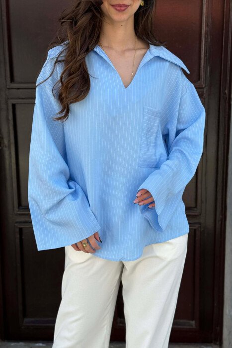 ONE COLOR V-NECK LINES DESIGNS FRONT POCKET WOMAN SHIRT LIGHT BLUE-LIGHT BLUE/BZ-BZ - 6