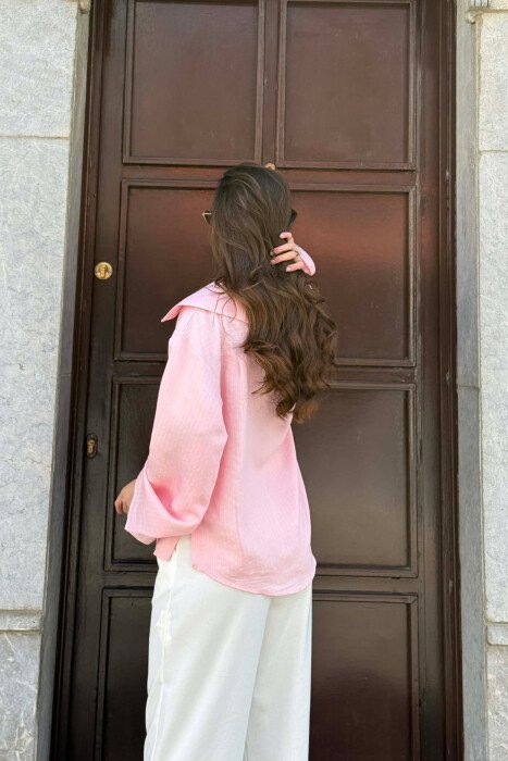 ONE COLOR V-NECK LINES DESIGNS FRONT POCKET WOMAN SHIRT PINK/ROZE - 2