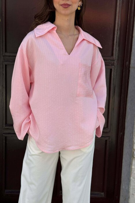 ONE COLOR V-NECK LINES DESIGNS FRONT POCKET WOMAN SHIRT PINK/ROZE - 6