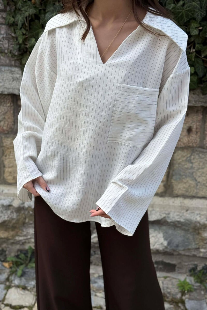 ONE COLOR V-NECK LINES DESIGNS FRONT POCKET WOMAN SHIRT WHITE-E BARDHE - 2