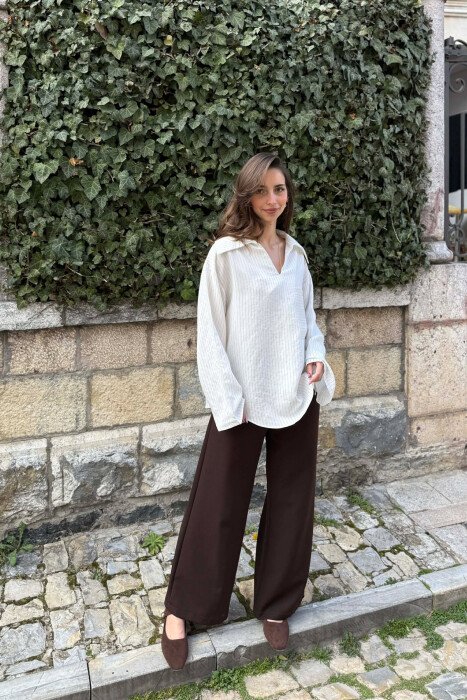ONE COLOR V-NECK LINES DESIGNS FRONT POCKET WOMAN SHIRT WHITE-E BARDHE - 5