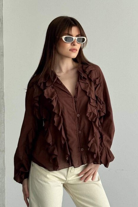 ONE COLOR V NECK LONG SLEEVE WOMEN SHIRT BROWN/KAFE - 6