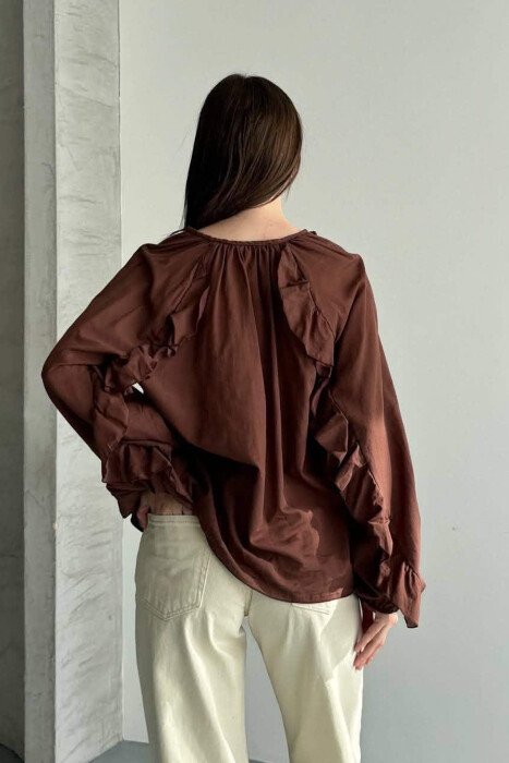 ONE COLOR V NECK LONG SLEEVE WOMEN SHIRT BROWN/KAFE - 7