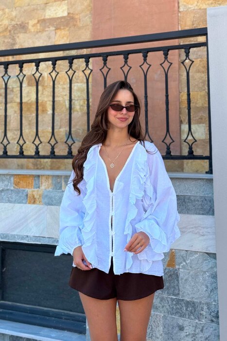 ONE COLOR V NECK LONG SLEEVE WOMEN SHIRT WHITE-E BARDHE 