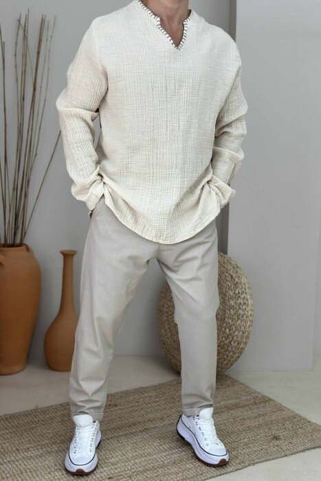 ONE COLOR V NECK MEN SHIRT BEIGE/BEZHE - 1