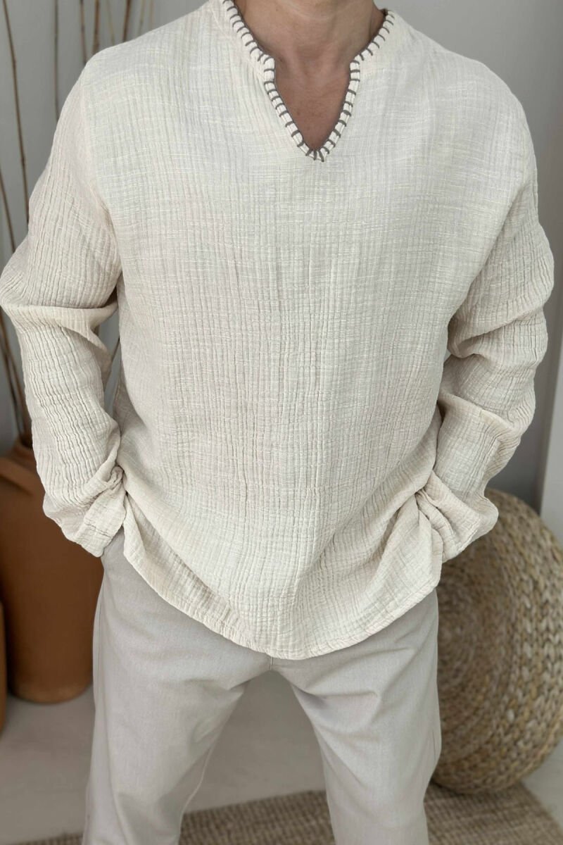 ONE COLOR V NECK MEN SHIRT BEIGE/BEZHE - 2