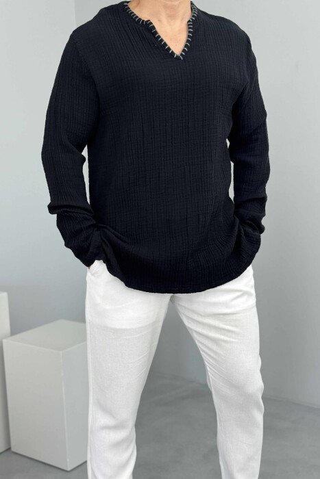 ONE COLOR V NECK MEN SHIRT BLACK/ E ZEZE - 1