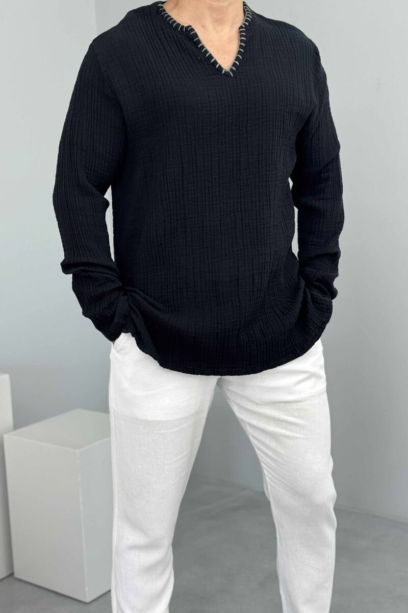 ONE COLOR V NECK MEN SHIRT BLACK/ E ZEZE - 1