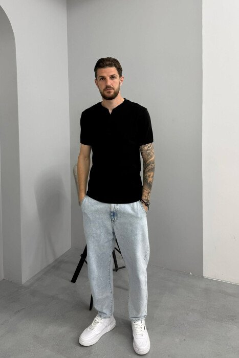 ONE COLOR V NECK MEN T-SHIRT BLACK/ E ZEZE - 3