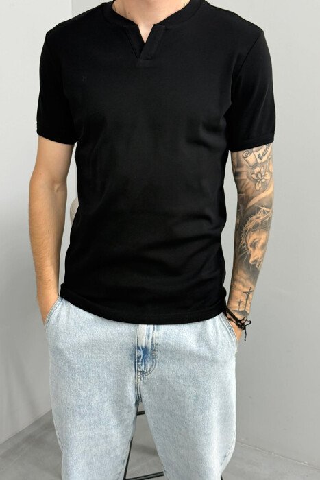 ONE COLOR V NECK MEN T-SHIRT BLACK/ E ZEZE - 4