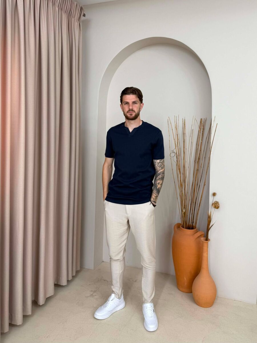 ONE COLOR V NECK MEN T-SHIRT BLUE/BLU - 3