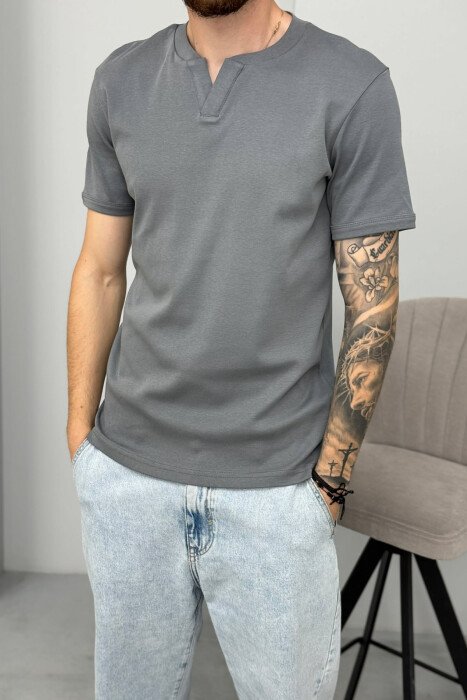 ONE COLOR V NECK MEN T-SHIRT GREY/GRI - 4