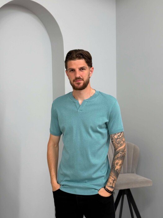 ONE COLOR V NECK MEN T-SHIRT LIGHTBLUE/BZ - 1