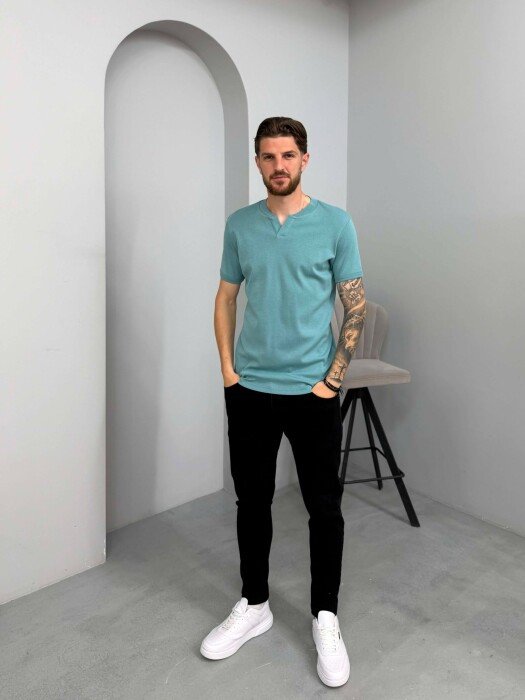 ONE COLOR V NECK MEN T-SHIRT LIGHTBLUE/BZ - 3