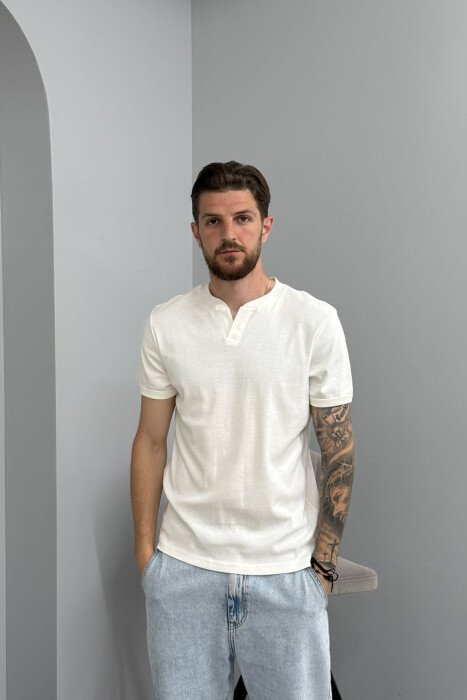 ONE COLOR V NECK MEN T-SHIRT WHITE-E BARDHE - KLAUDIO FASHION