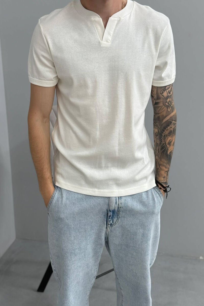 ONE COLOR V NECK MEN T-SHIRT WHITE-E BARDHE - 2
