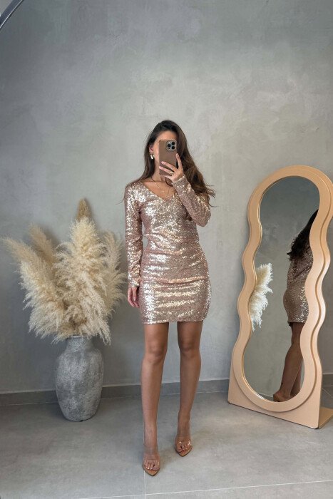 ONE COLOR V NECK SHINNY BACK ZIPPER WOMEN DRESS GOLDEN ROD/GOLD - KLAUDIO FASHION