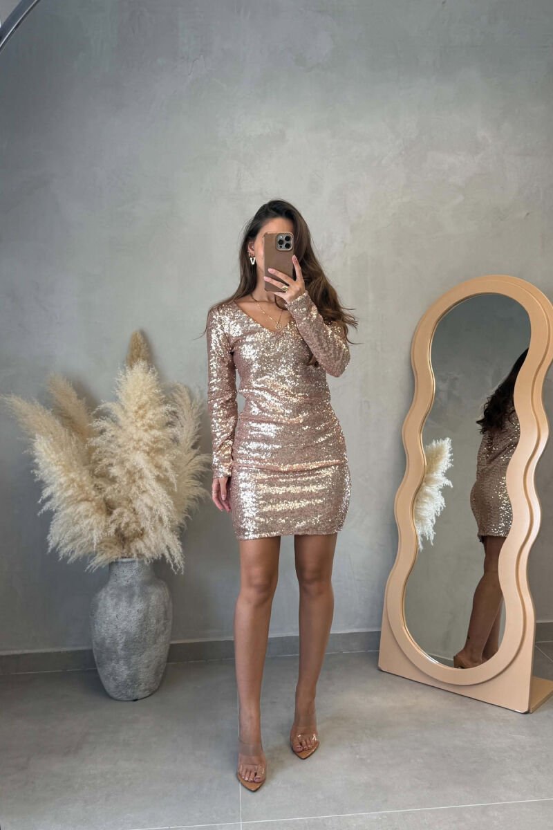ONE COLOR V NECK SHINNY BACK ZIPPER WOMEN DRESS GOLDEN ROD/GOLD - 1