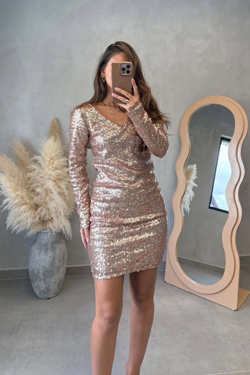 ONE COLOR V NECK SHINNY BACK ZIPPER WOMEN DRESS GOLDEN ROD/GOLD - 2