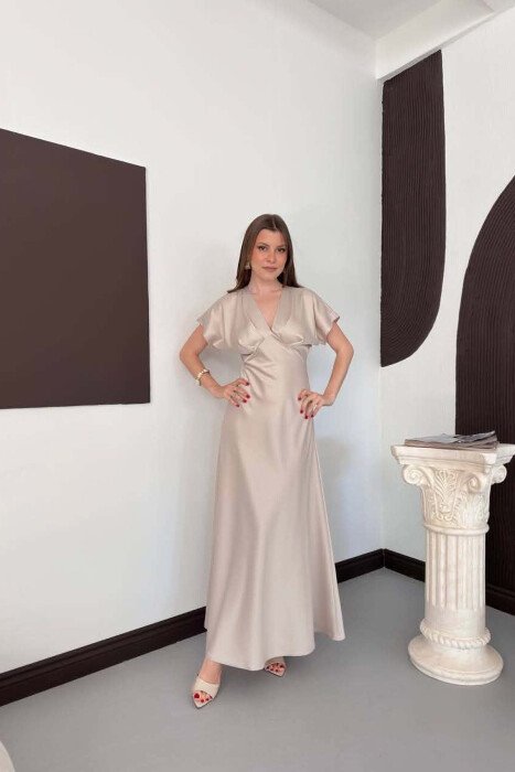 ONE COLOR V NECK SHINY WOMAN DRESS BEIGE/BEZHE - KLAUDIO FASHION