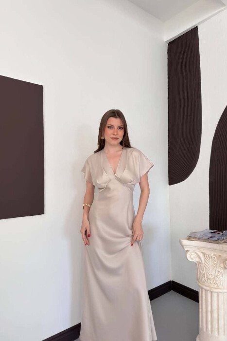 ONE COLOR V NECK SHINY WOMAN DRESS BEIGE/BEZHE - 2