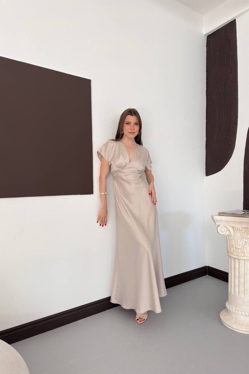 ONE COLOR V NECK SHINY WOMAN DRESS BEIGE/BEZHE - 3