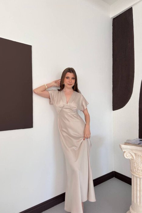 ONE COLOR V NECK SHINY WOMAN DRESS BEIGE/BEZHE - 4