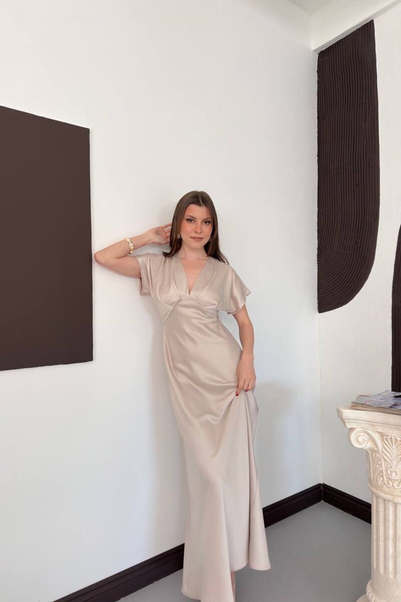 ONE COLOR V NECK SHINY WOMAN DRESS BEIGE/BEZHE - 4
