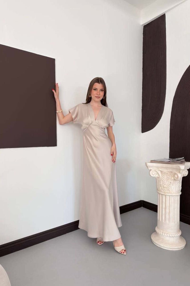 ONE COLOR V NECK SHINY WOMAN DRESS BEIGE/BEZHE - 6