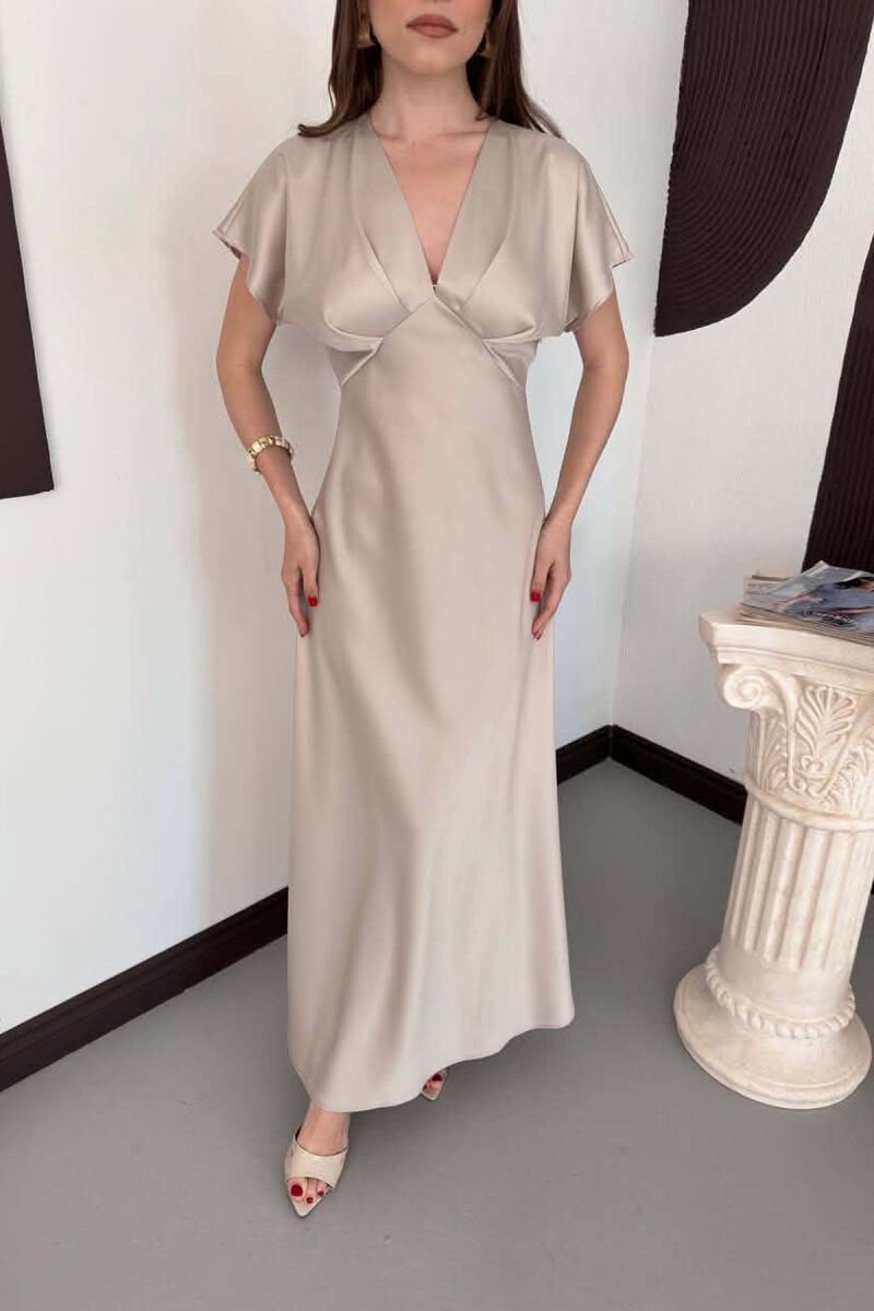 ONE COLOR V NECK SHINY WOMAN DRESS BEIGE/BEZHE - 7
