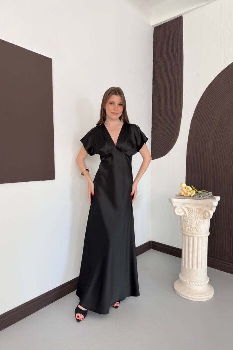 ONE COLOR V NECK SHINY WOMAN DRESS BLACK/ E ZEZE - 1