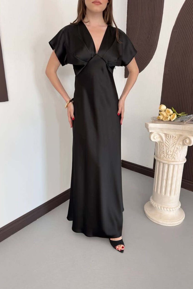 ONE COLOR V NECK SHINY WOMAN DRESS BLACK/ E ZEZE - 2