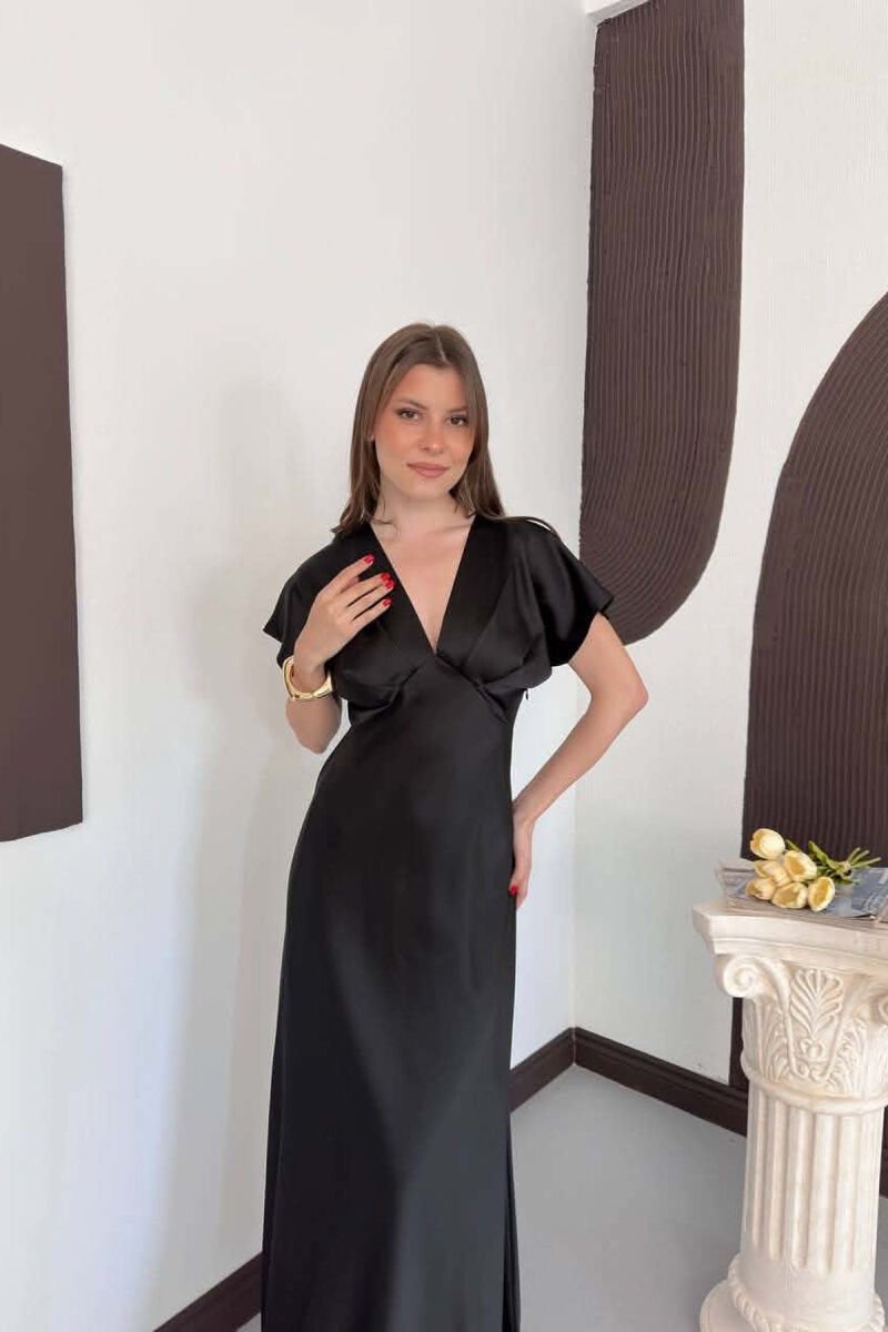ONE COLOR V NECK SHINY WOMAN DRESS BLACK/ E ZEZE - 3