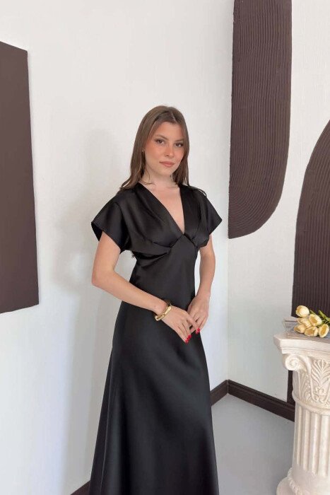 ONE COLOR V NECK SHINY WOMAN DRESS BLACK/ E ZEZE - 4