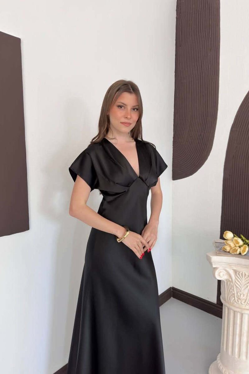 ONE COLOR V NECK SHINY WOMAN DRESS BLACK/ E ZEZE - 4