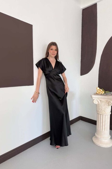 ONE COLOR V NECK SHINY WOMAN DRESS BLACK/ E ZEZE - 5