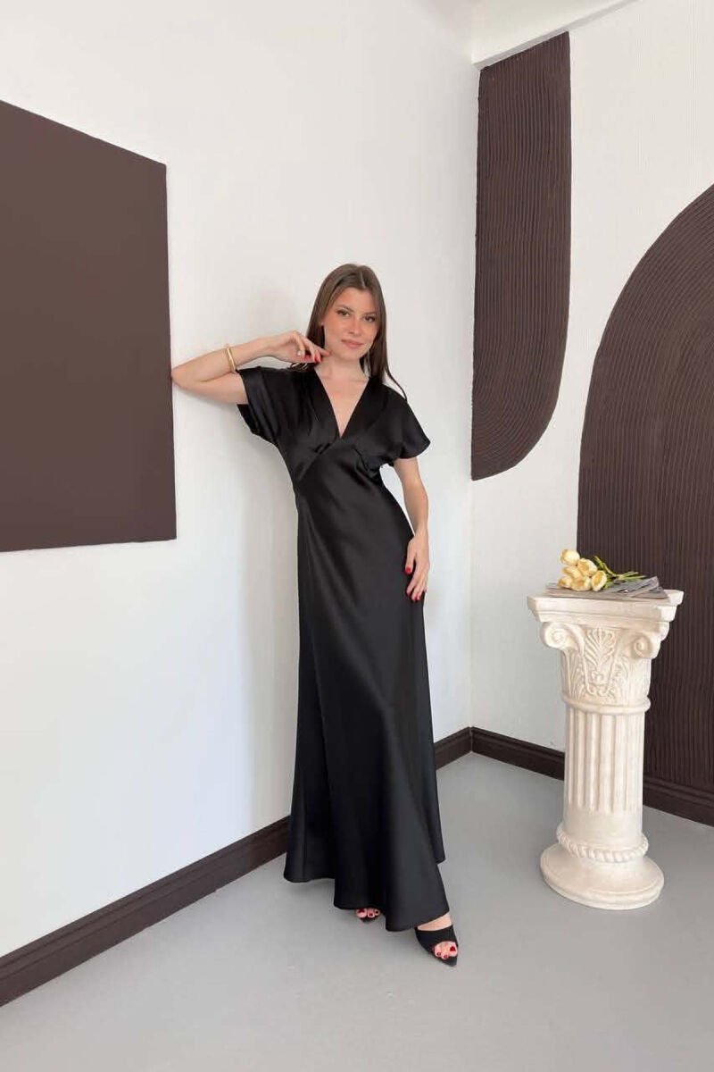 ONE COLOR V NECK SHINY WOMAN DRESS BLACK/ E ZEZE - 6